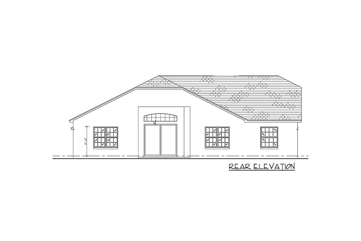 Rear elevation drawing of a house plan showing a hip roof, double doors with arched transom, and multiple multi-pane windows.