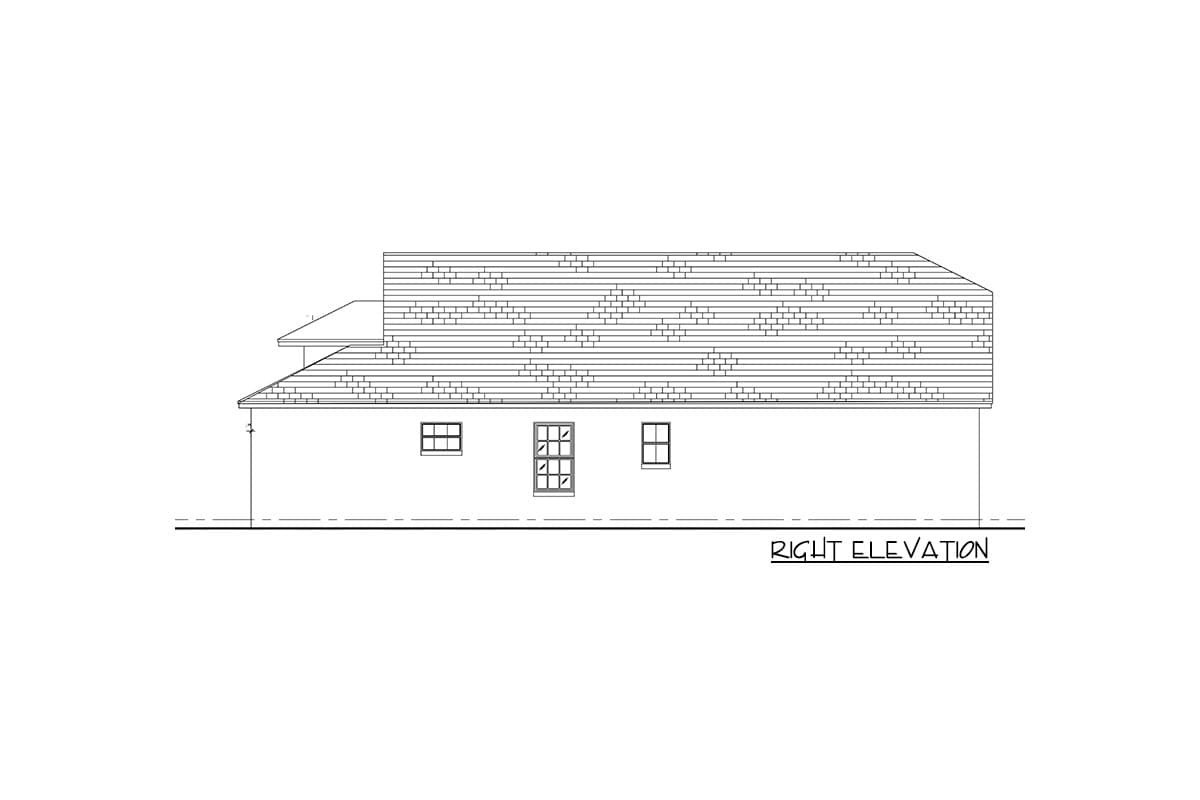 House plan right elevation drawing showing a gabled roof, multiple windows, and horizontal siding.