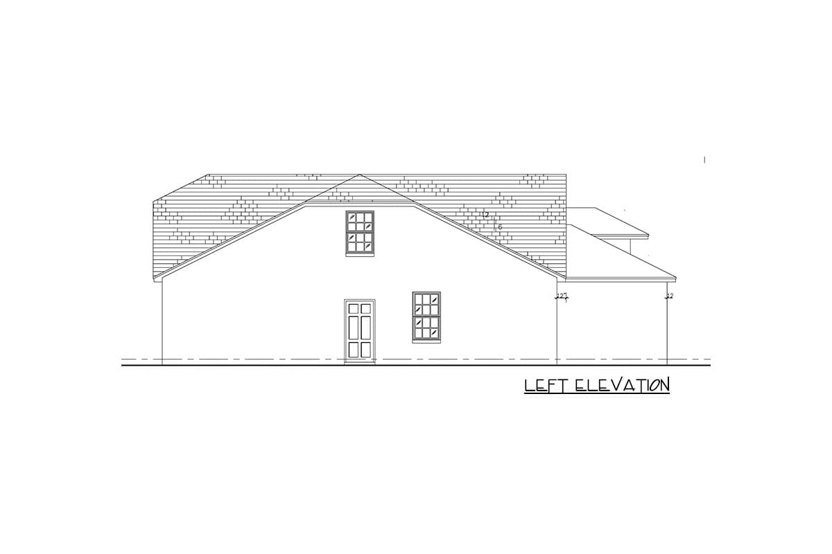 Left elevation house plan drawing showing a pitched roof, one door, and two windows.