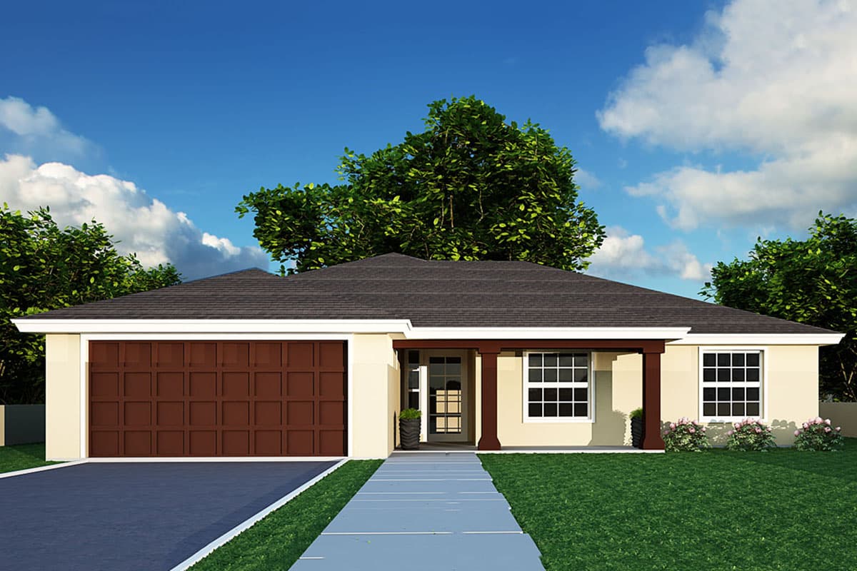 House plan exterior. Single-story Ranch with a front-facing garage. Features include a covered porch with columns and a low-slope roofline.