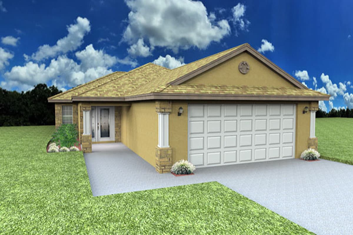 House plan exterior. Ranch style with a two-car garage, front porch, and gable roof. Features include decorative columns and an arched window detail.