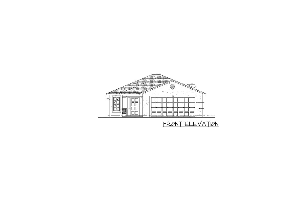 Front elevation house plan showing a single-story home with a covered entry, two windows, and a two-car garage.