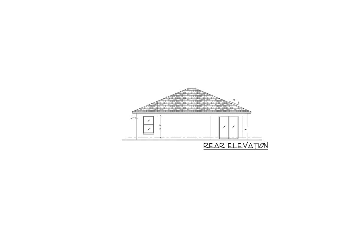 Rear elevation drawing of a house plan showing a pitched roof, one window, and double doors.