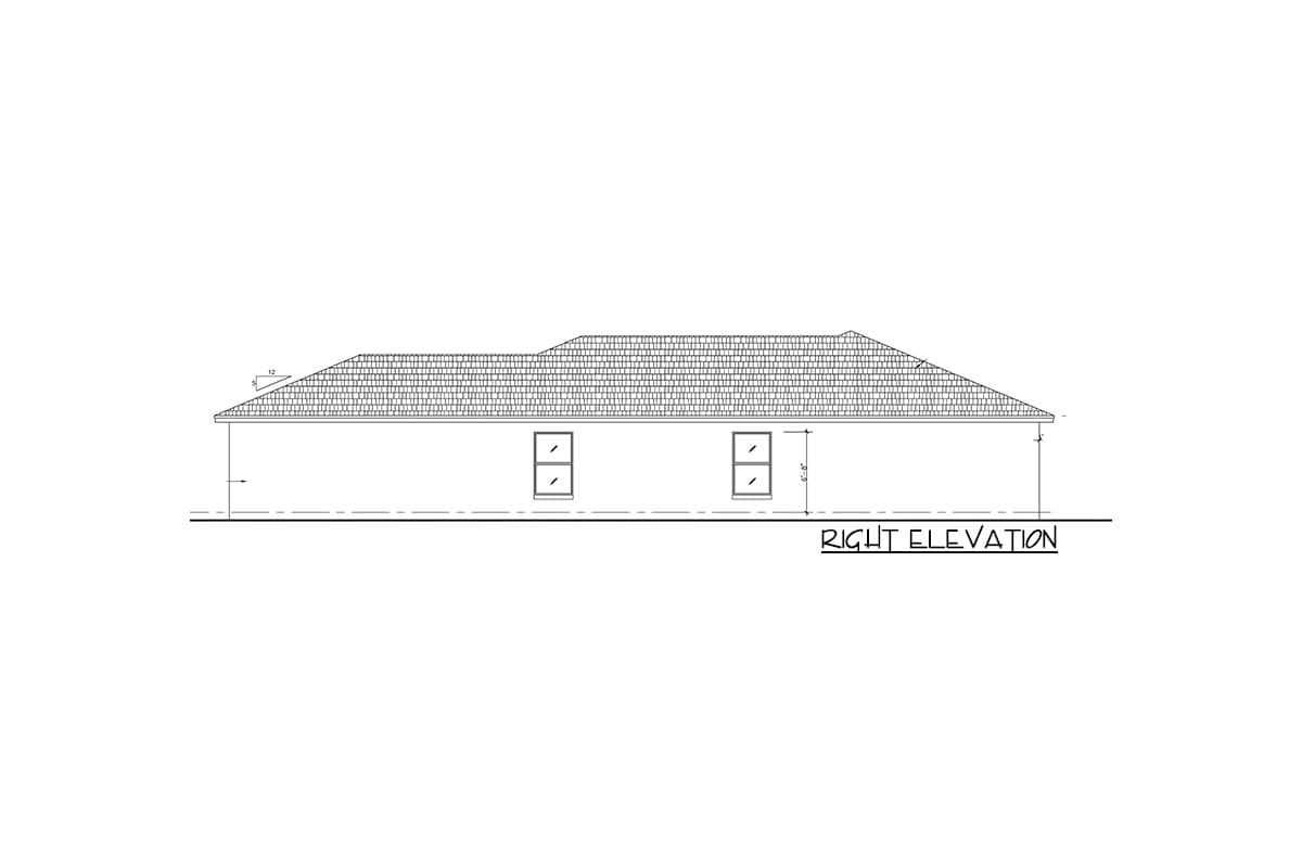Right elevation house plan drawing of a single-story building with two windows and a hip roof.