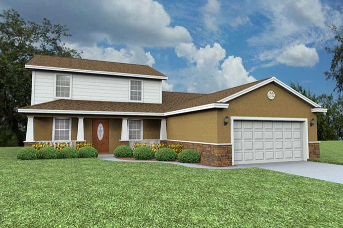 House plan exterior. Two-story home with a porch, gabled roof, and attached garage. Brown roof and tan stucco exterior with stone accents.