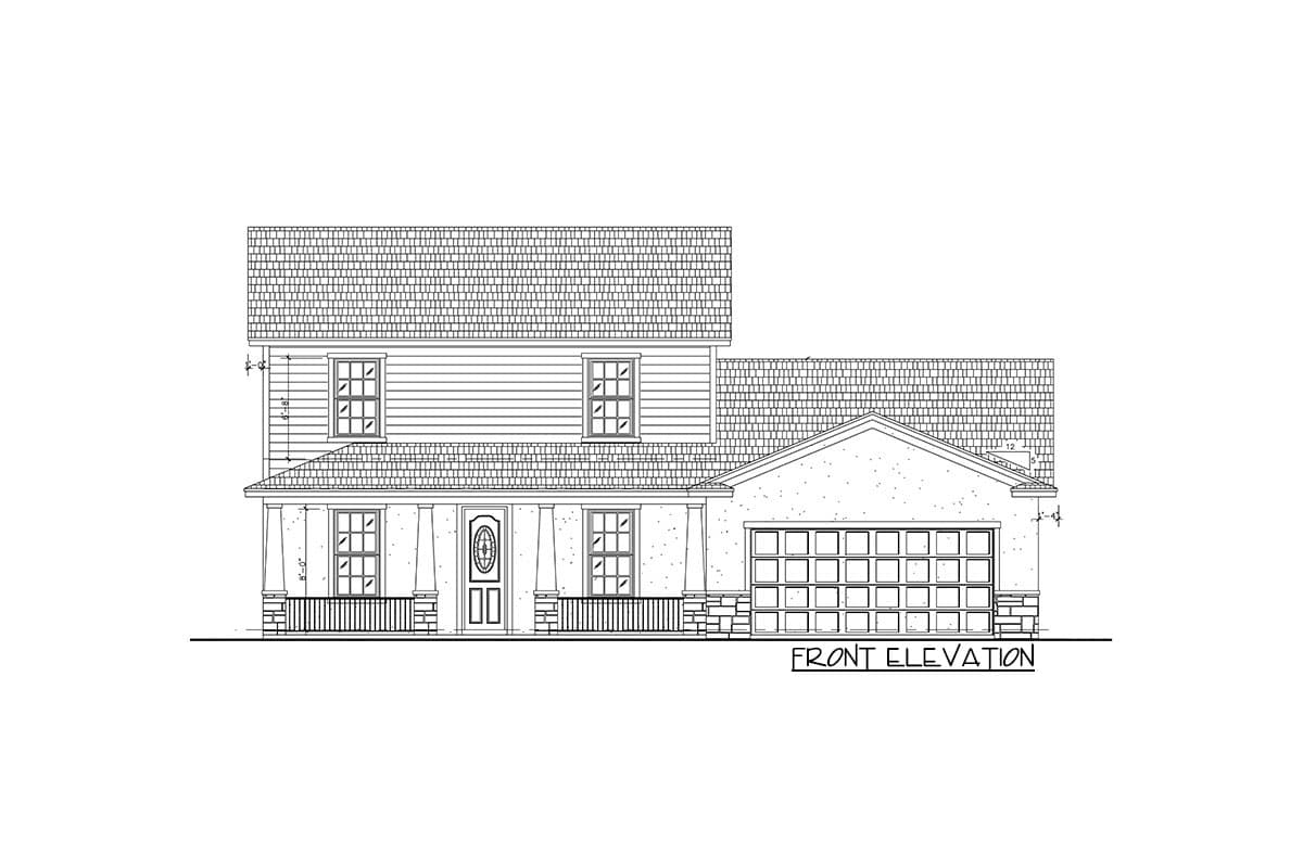 Front elevation drawing of a two-story house plan with a covered porch, double garage, and symmetrical windows.