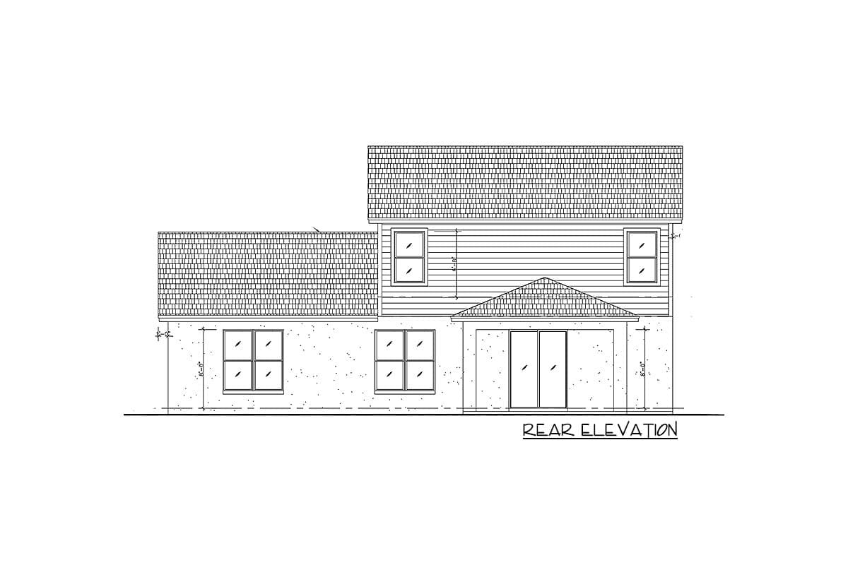 Rear elevation drawing of a two-story house plan with a gable roof over sliding glass doors and a main level with windows.