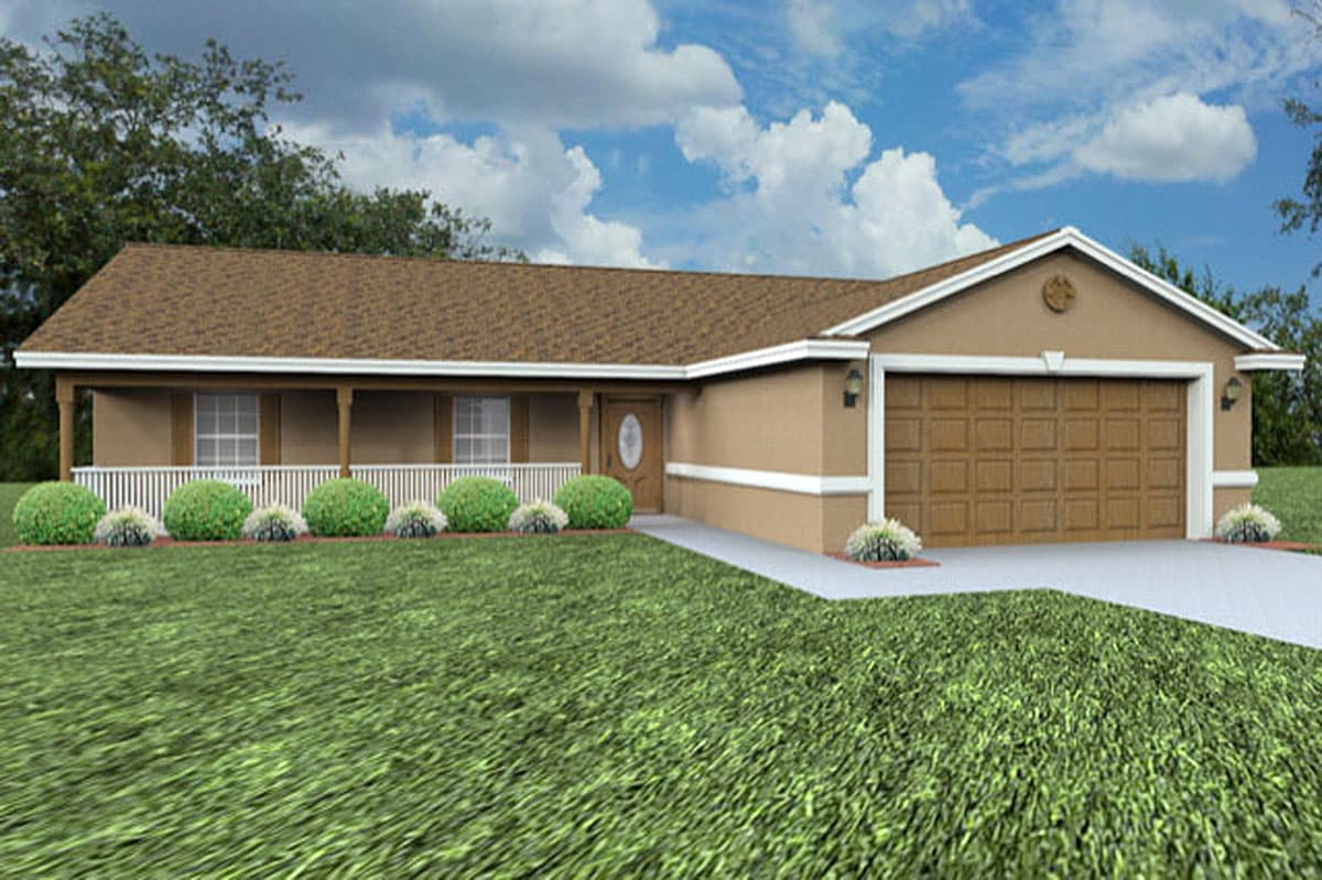 House plan exterior view of a one-story Ranch-style home. Features include a front porch with railing, a gable roof, and an attached garage.