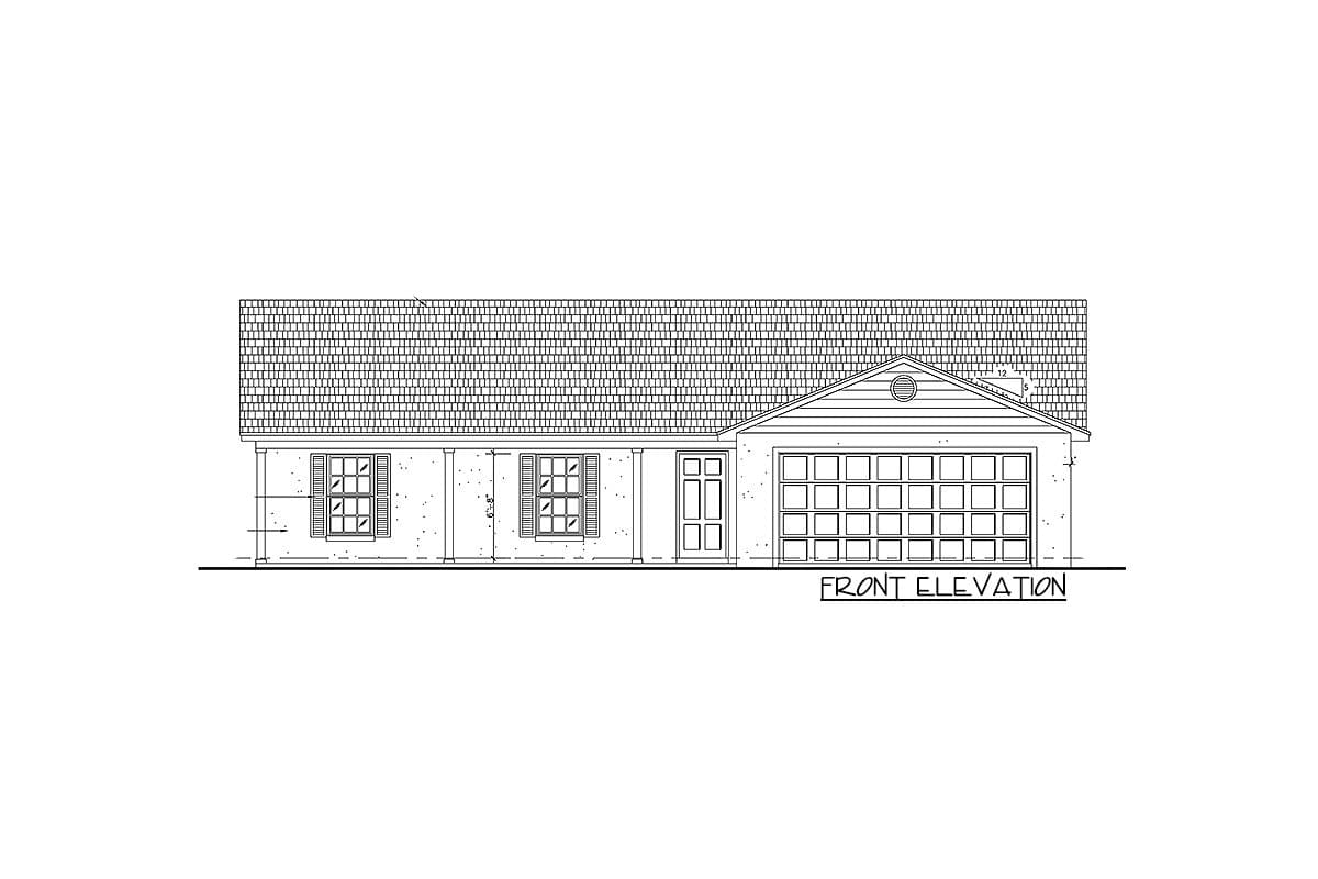 Front elevation drawing of a one-story house with a covered front entrance, two windows, and an attached garage.