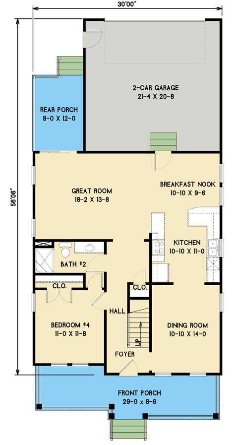 Plan 31548GF: 4-Bed Two-Story Traditional House Plan with Second-Level Master - Floor Plan - Main Level - Cottage, Country, Southern, Traditional