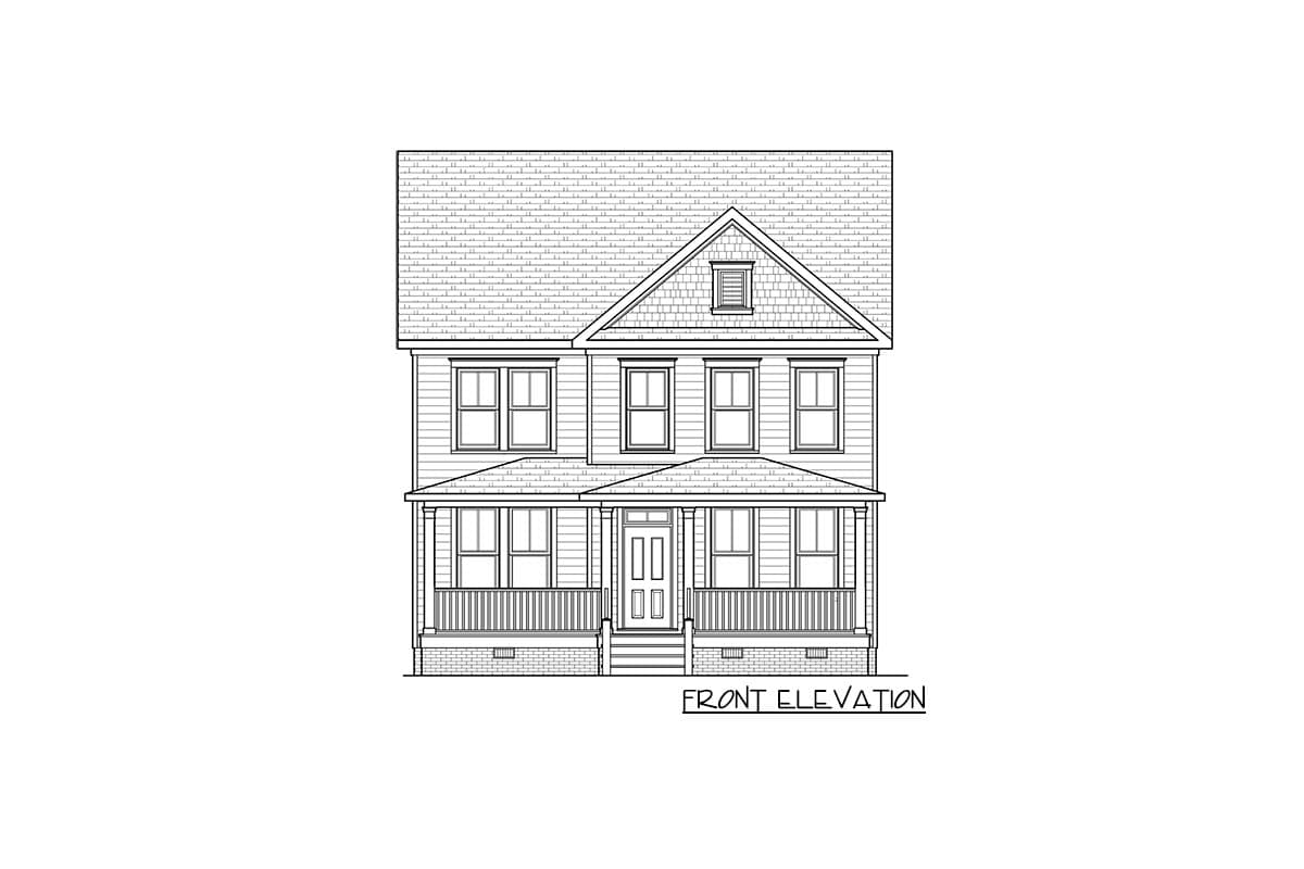 Front elevation drawing of a two-story house plan with a full-width porch, gables, and dormer.