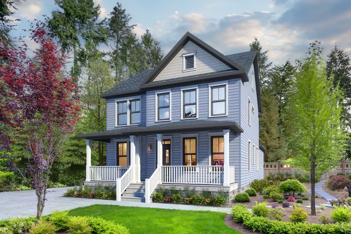 House plan exterior. Two-story house in a traditional style with a front porch, gabled roof, and dormer window.