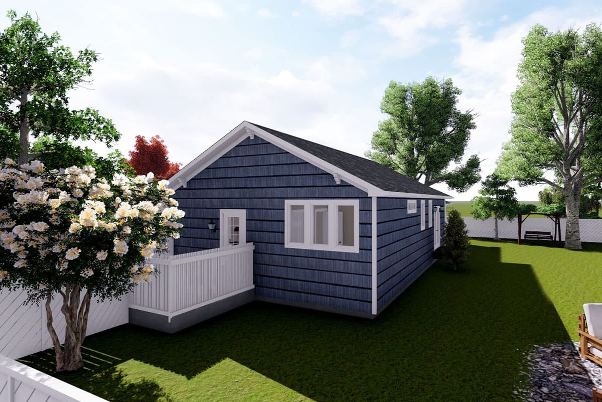 House plan exterior, one-story house with blue siding, gable roof, white trim, and a short front porch with white railing.