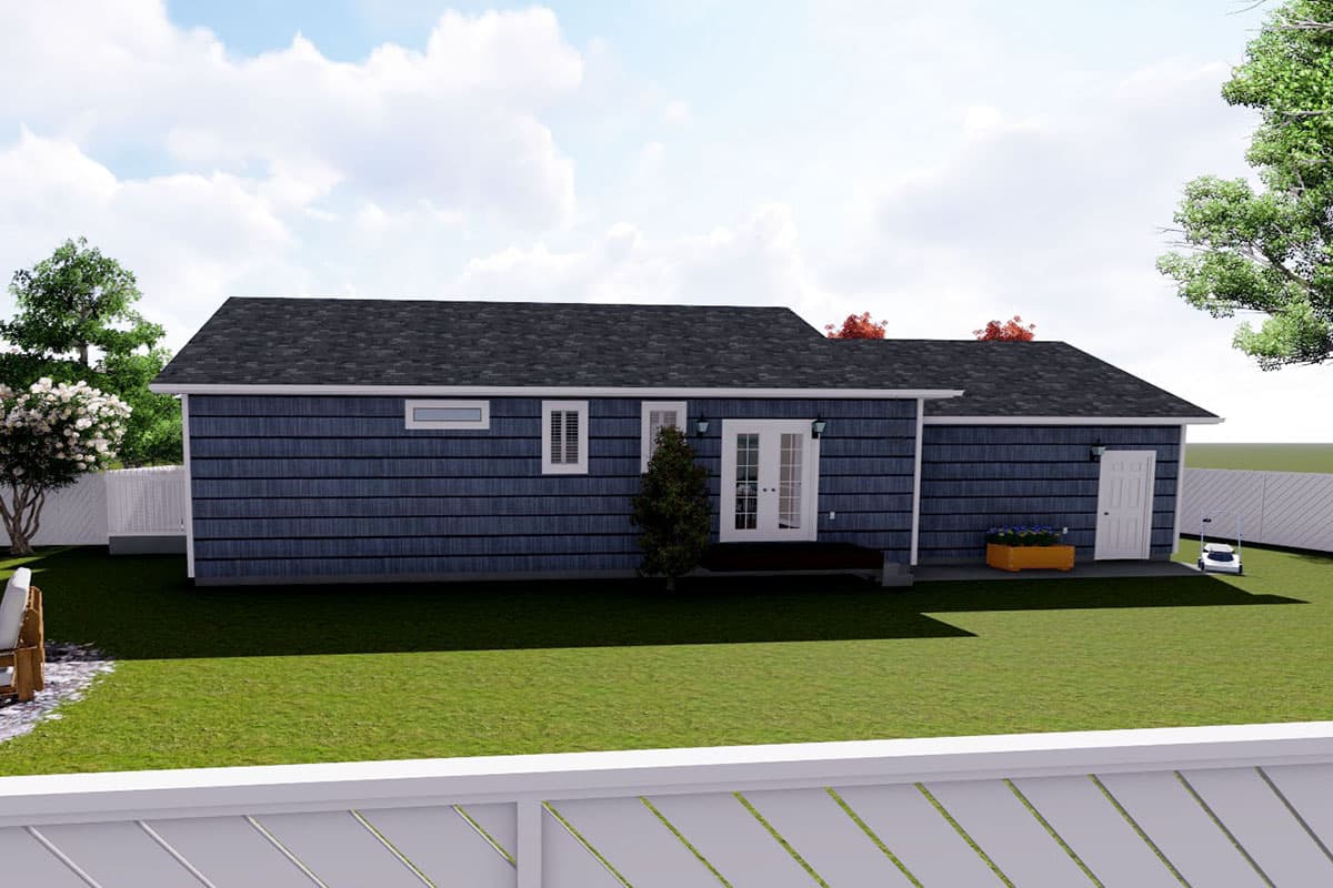 House plan exterior, single-story Ranch style, with dark siding, double doors, one single door, and a gable roof.