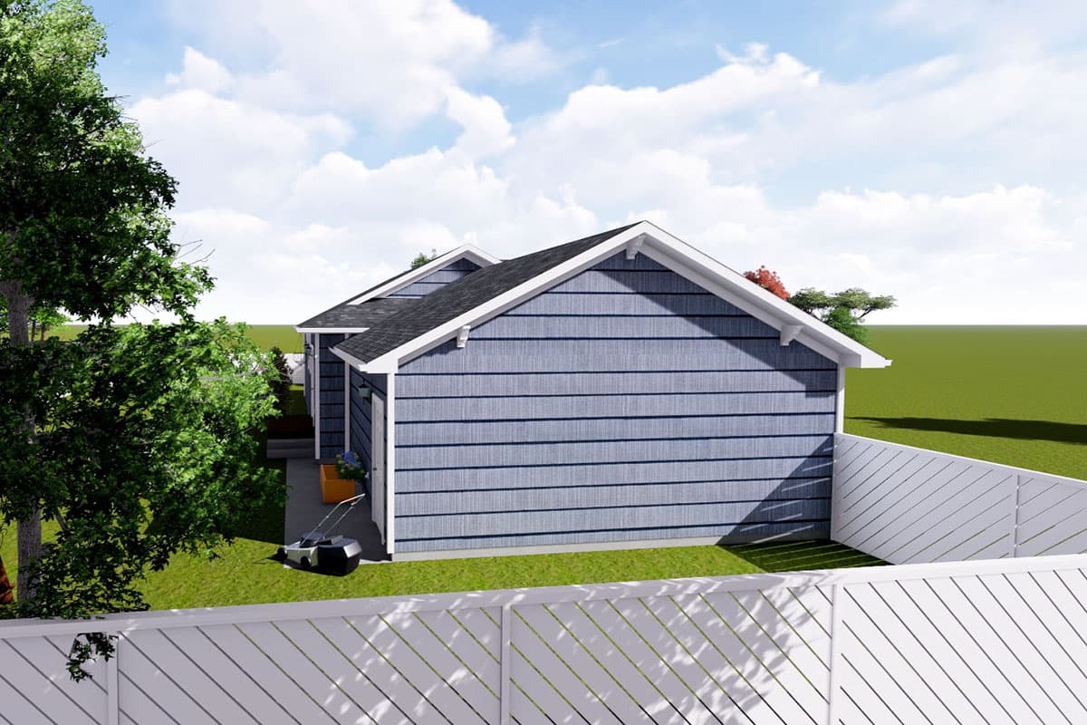 House plan exterior, single-story dwelling with blue horizontal siding, gables, and a white fence.