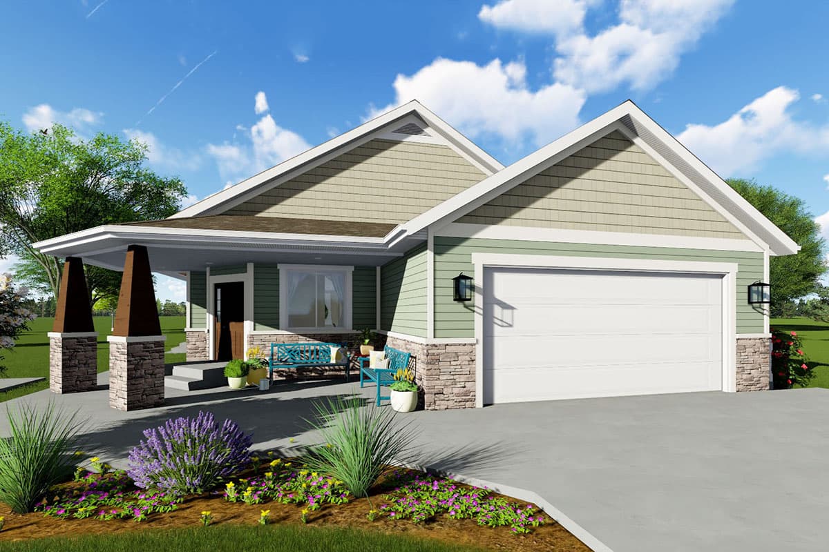 House plan exterior. Ranch style with a front porch, gabled roof, and attached garage. Stone veneer accents the porch columns and garage base.