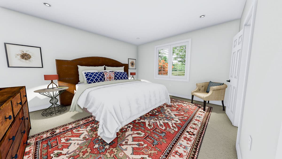Bedroom rendering with a large bed, patterned rug, dresser, and window with white shutters.