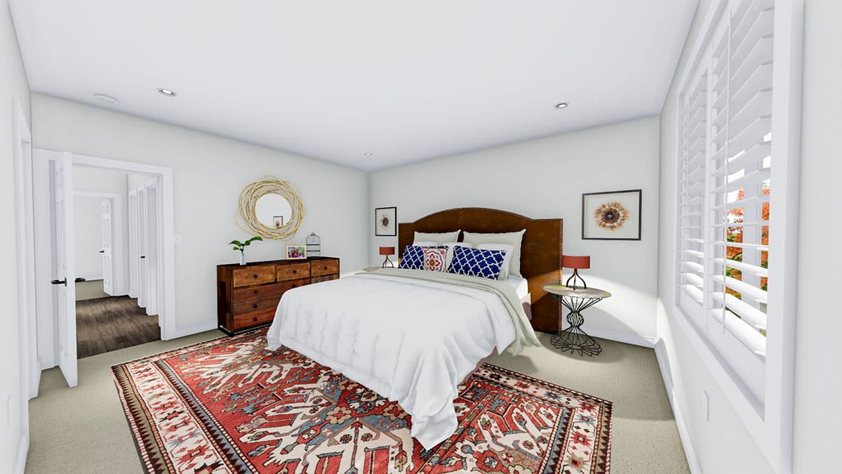 Bedroom rendering with king bed, patterned rug, dresser, and white plantation shutters on window.