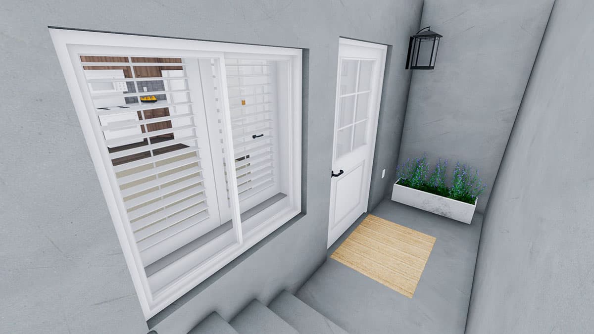 House plan rendering of a kitchen view through a window, next to a door with a planter and mat.
