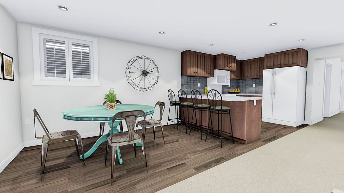 Interior rendering of a kitchen and dining area with island, bar stools, and round dining table.