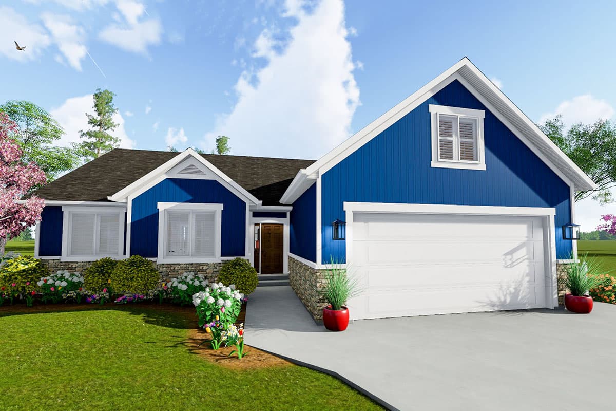 House plan exterior: Single-story Modern Farmhouse with blue vertical siding, stone base, prominent gables, and a two-car garage.