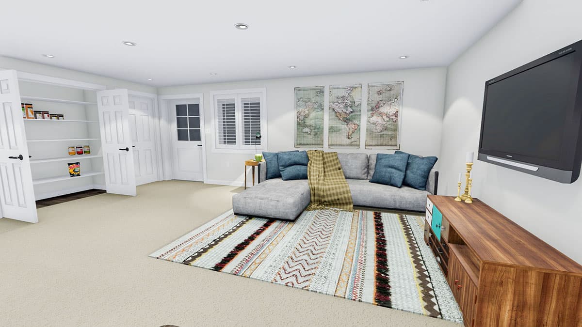 Living room rendering with sectional sofa, entertainment center, shelved pantry, and doors. Maps on wall.