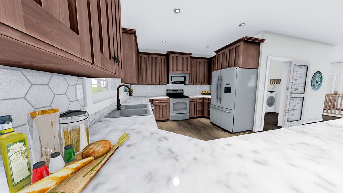 Kitchen with dark wood cabinets, white hexagon backsplash, stainless steel appliances, and an adjacent laundry room.