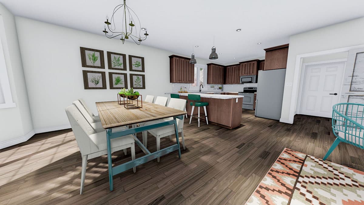 Rendering of open concept dining and kitchen with island, dark wood cabinets, and stainless steel appliances.