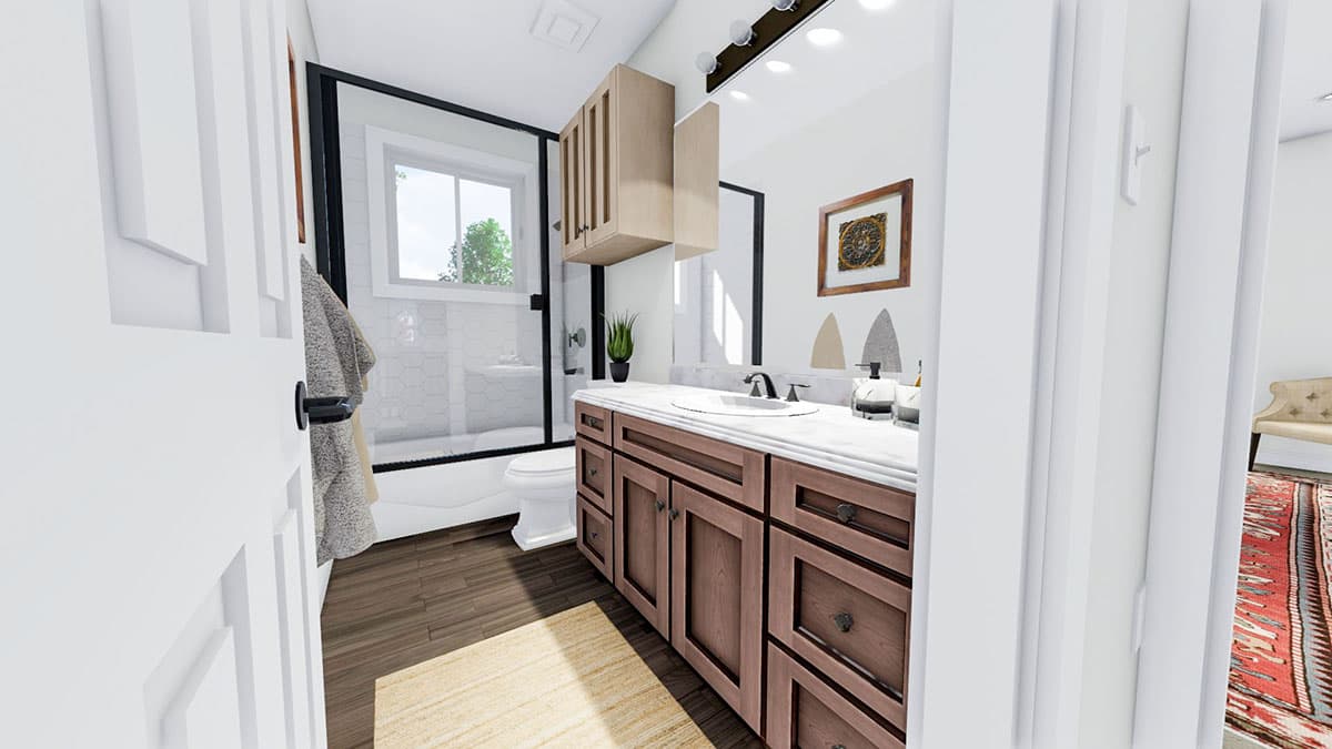Bathroom rendering with wood vanity, marble countertop, white toilet, and glass-enclosed shower.