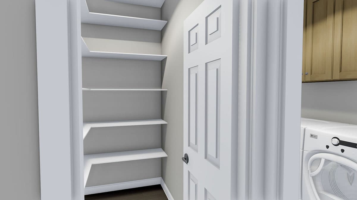 Interior rendering of a pantry with multiple shelves, a white paneled door, and adjacent laundry room with washer and dryer.