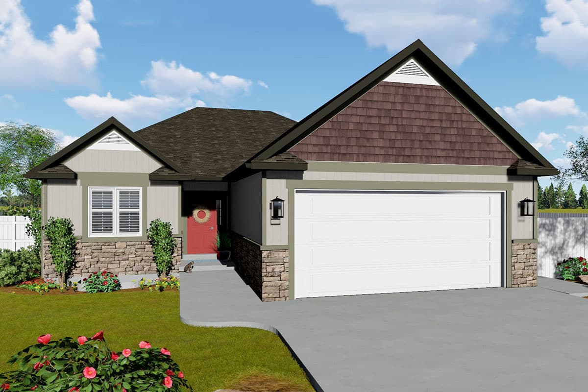 House plan exterior: One-story home with stone and clapboard siding, gabled dormers, and an attached two-car garage.