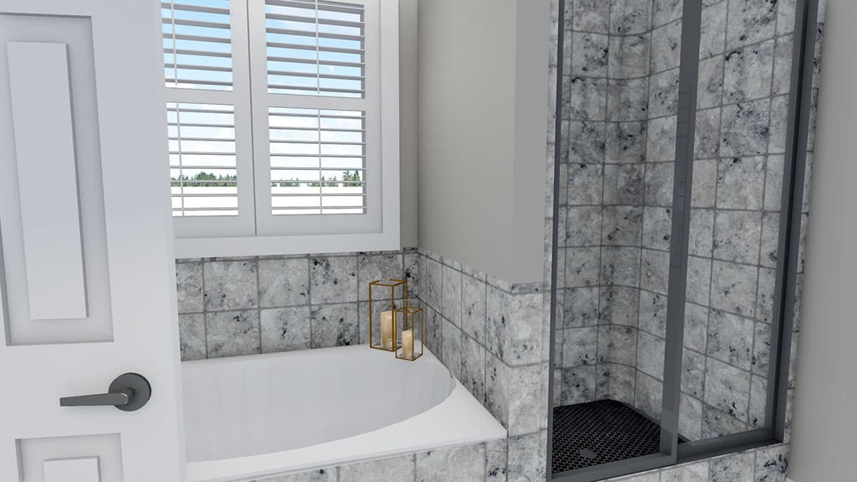 Bathroom rendering with a soaking tub, tiled shower with glass door, and louvered windows.