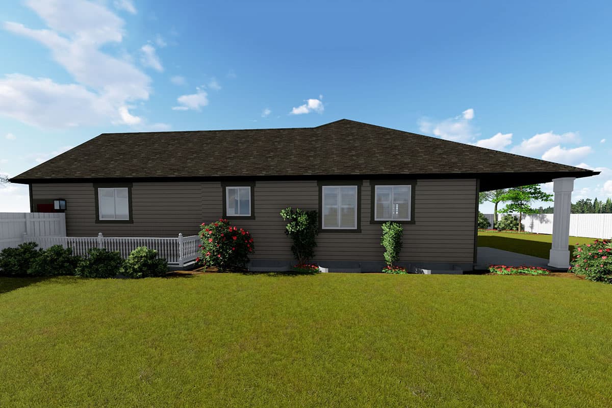 House plan exterior: one-story ranch with horizontal siding, white deck railing, and covered carport supported by a fluted column.