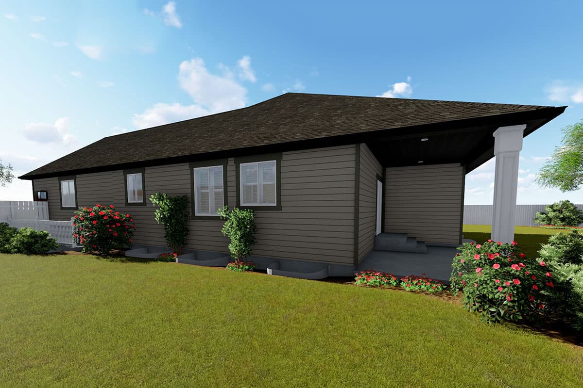 Ranch house plan exterior with hip roof, horizontal siding, three windows, and a covered porch with a column.