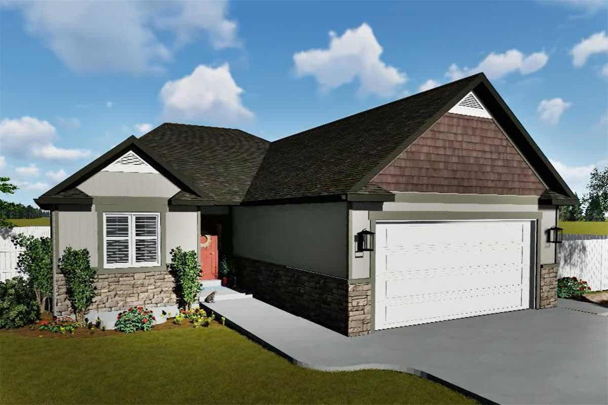House plan exterior featuring a single-story design with stone and stucco siding, a prominent gable with shakes, and an attached two-car garage.