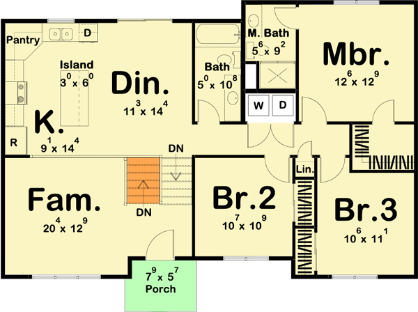 Plan 62746DJ: Split Level New American House Plan with Cathedral Ceiling - 1507 Sq Ft - Floor Plan - Main Level - Country, New American