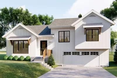 Split Level New American House Plan with Cathedral Ceiling - 1507 Sq Ft