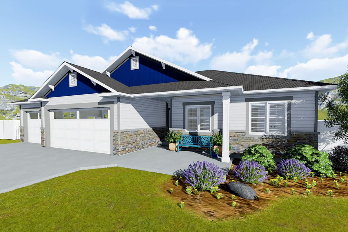 House plan exterior: Ranch style, two-car garage, prominent gables with dormers, covered porch with columns.