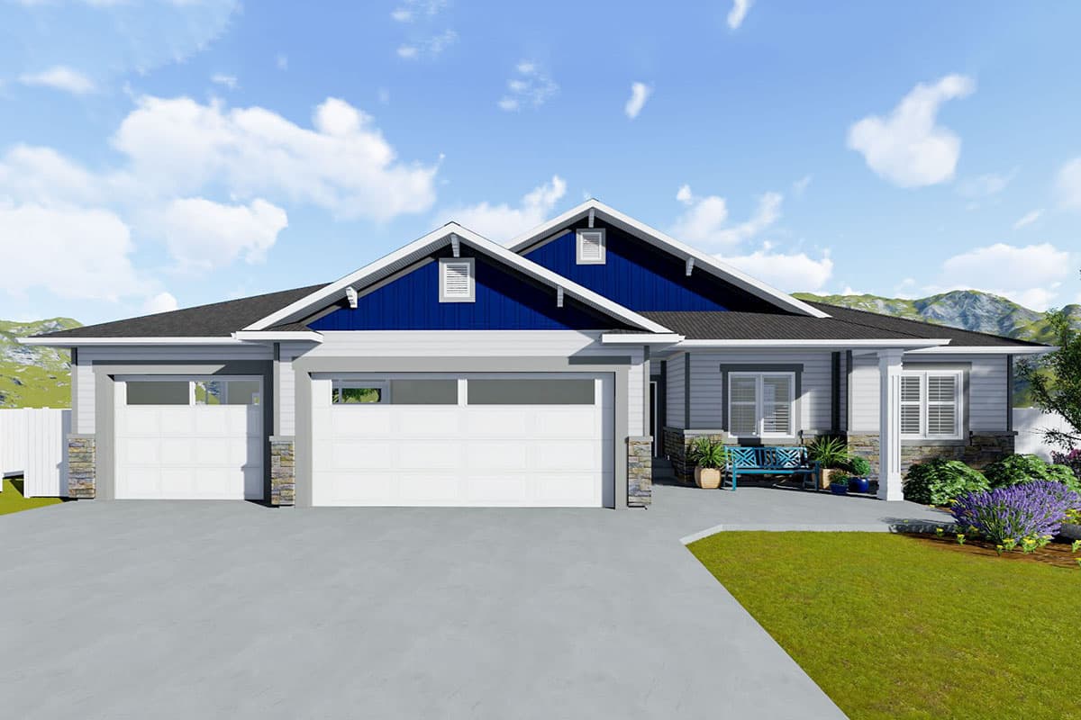 House plan exterior with two-car garage, gable roof, and front porch. Features include stone columns and contrasting blue gable siding.