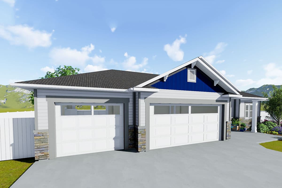 House plan exterior with attached two-car garage and front-facing gable.