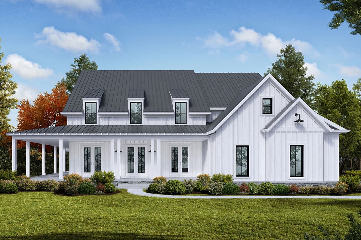 House plan exterior. Two-story Modern Farmhouse with a covered porch, dormers, and gabled roofline. Features board-and-batten siding and a metal roof.