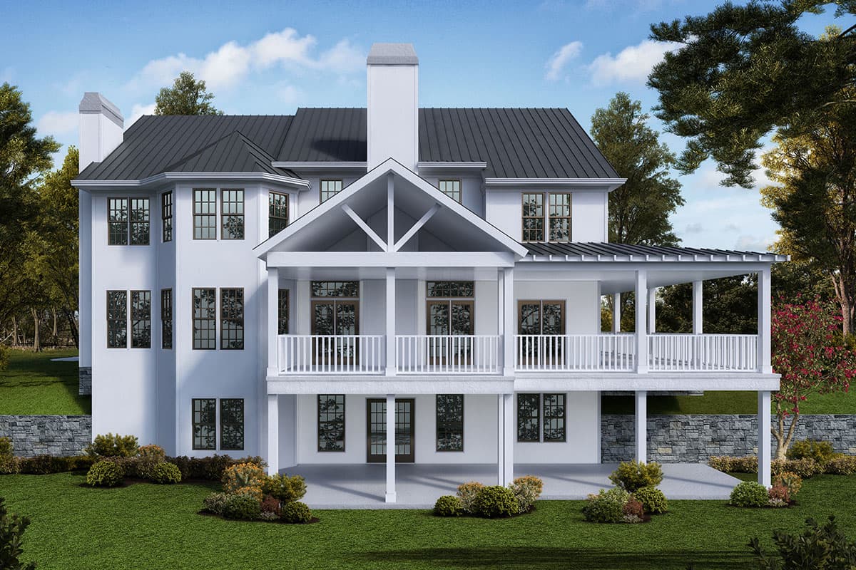 House plan exterior rendering of a two-story Modern Farmhouse with a metal roof, gabled entryway, and covered porches.