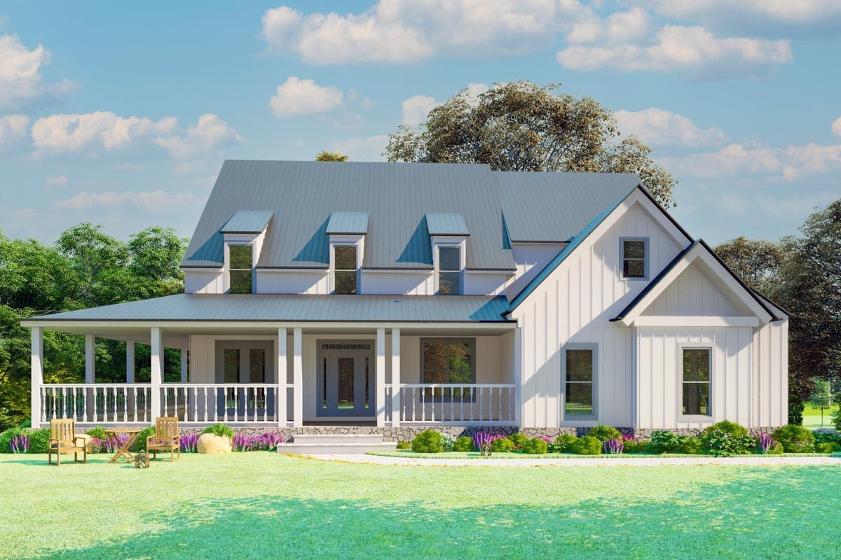 House plan exterior: Modern Farmhouse style, wrap-around porch with white railings, metal roof, and multiple dormers.