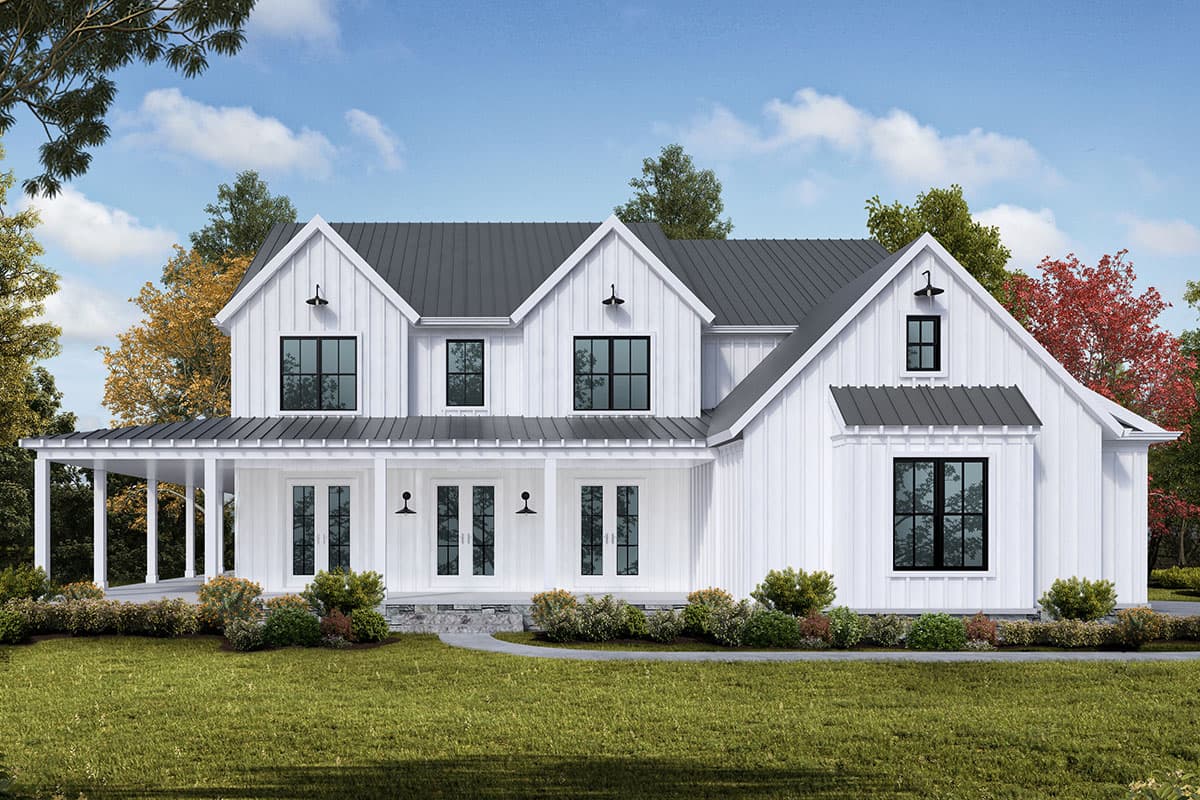 Modern farmhouse style house plan exterior, two stories, white board-and-batten siding, metal roof, gabled dormers, and a wrap-around porch.