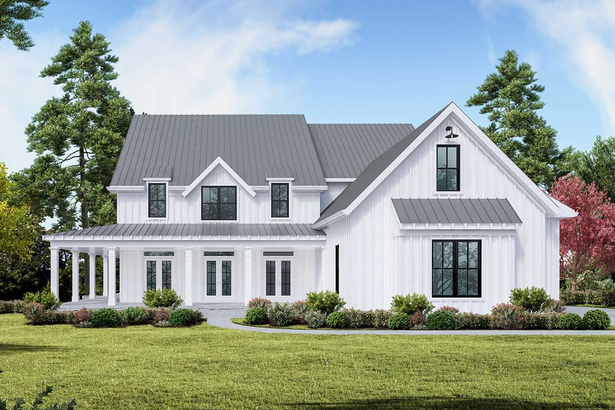 House plan exterior view of a two-story Modern Farmhouse with a gabled roofline, dormers, and a covered porch with columns.