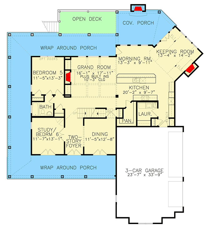 Plan 25661GE: Country Farmhouse Plan with Wraparound Porch and Grand Master Suite - 3788 Sq Ft - Floor Plan - Main Level - Country, Farmhouse, Modern Farmhouse, New American