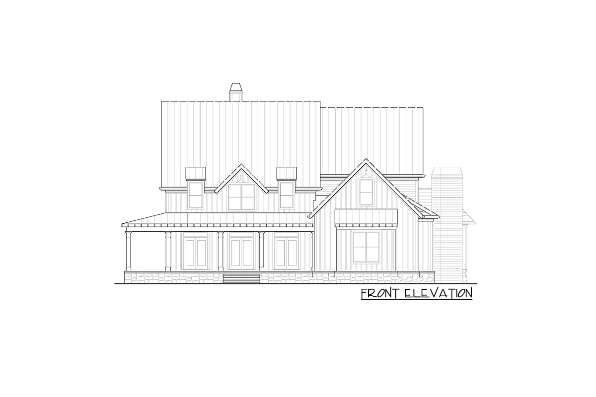 Front elevation drawing of a two-story house plan with a full-width porch, gables, dormers, and stone foundation.