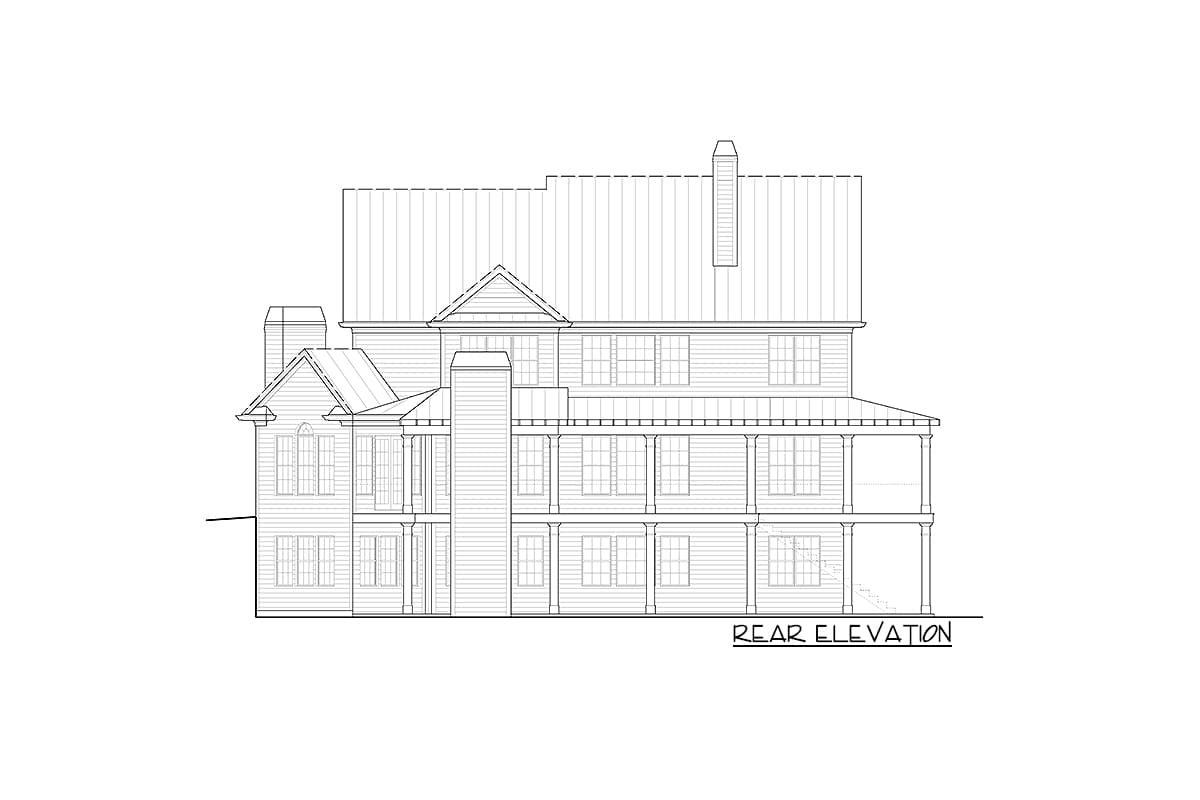 Rear elevation drawing of a two-story house plan featuring a wraparound porch, multiple gables, and prominent chimneys.