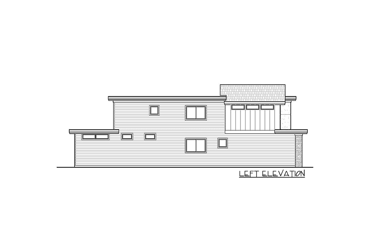 Left elevation drawing of a two-story house with horizontal siding, varied window sizes, and a multi-level roof.