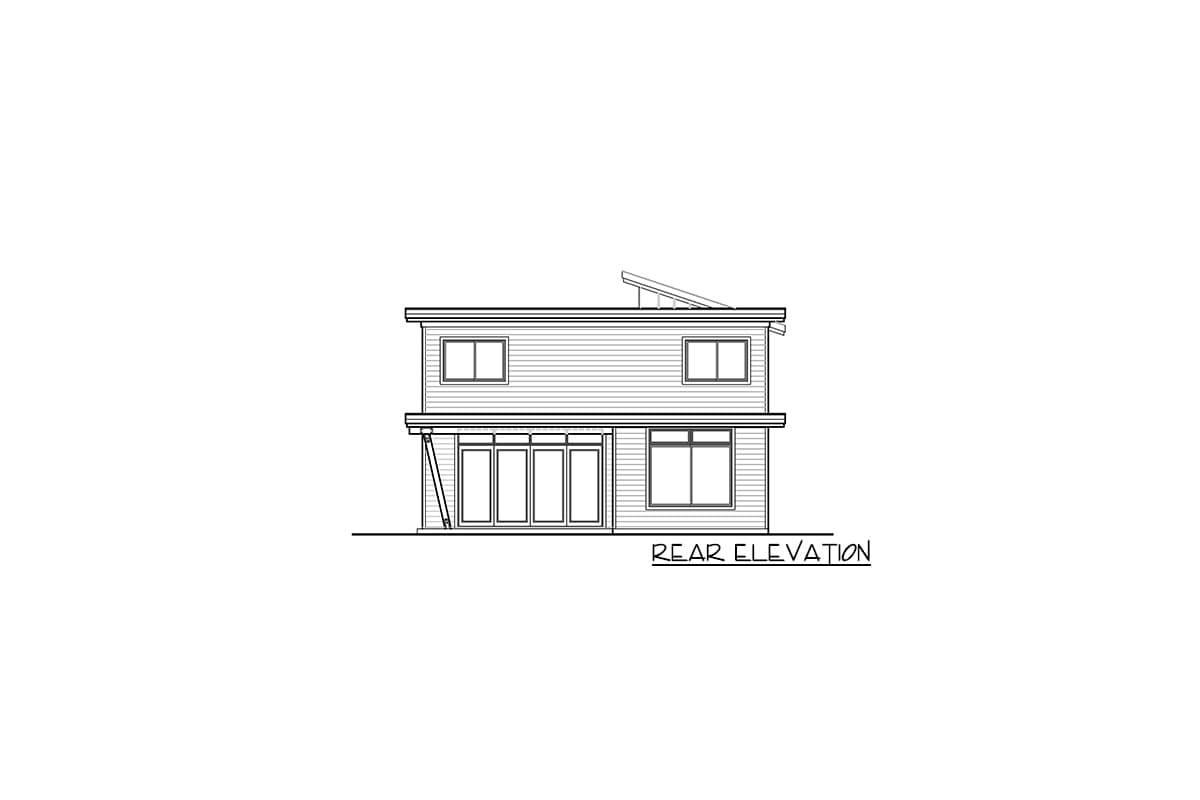 Rear elevation drawing of a two-story house with a sloped roof, horizontal siding, and large glass doors.